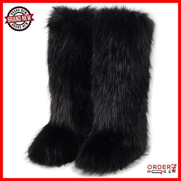 Knee High Faux Fur Snow Boots Women Winter Fuzzy Fluffy Flat Boots